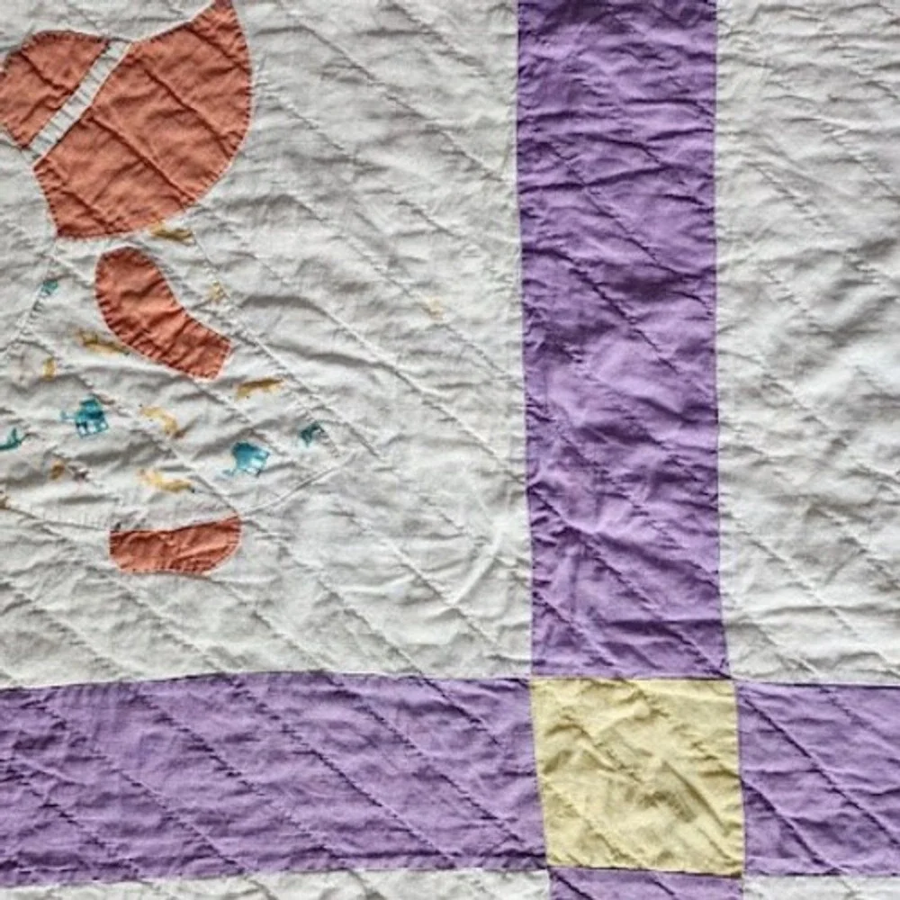 VINTAGE Sunbonnet Sue Quilt Hand Applique Twin 67x83 Purple Yellow Calico Folk
